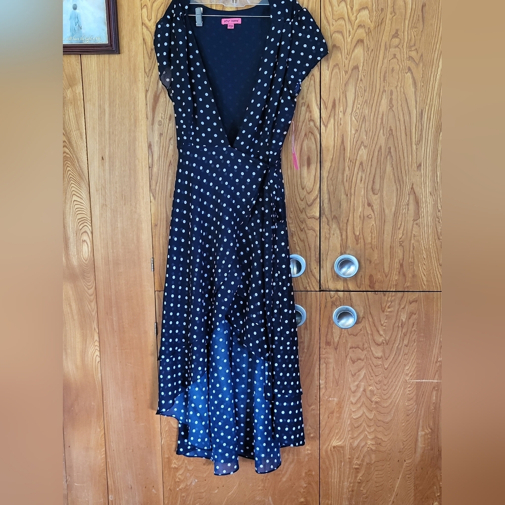Betsey Johnson Elegant Navy Blue Polka Dot Wrap Dress